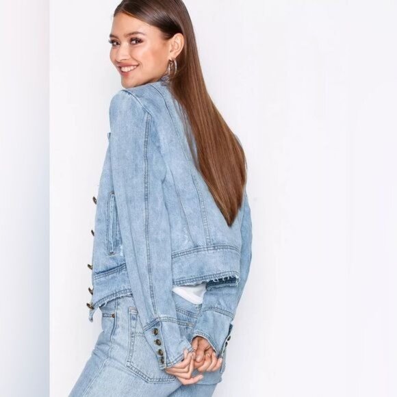 Free People Military Motto Double Breasted Denim Jacket - Picture 8 of 11